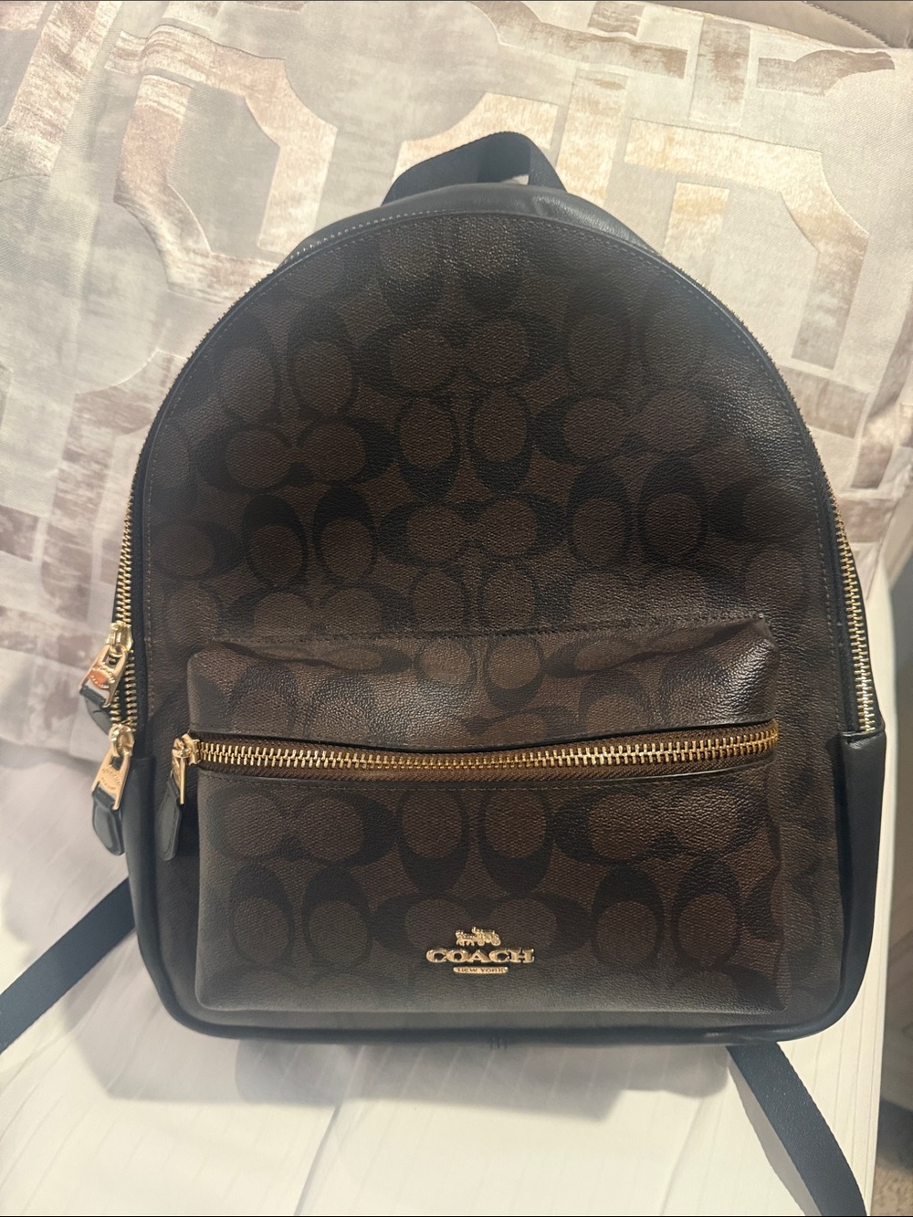 Medium Charlie Coach Dark Brown & Black Signature Backpack with Gold Hardware